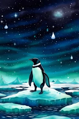 A poetic scene of a penguin standing on an iceberg, surrounded by shimmering northern lights and snowflakes.