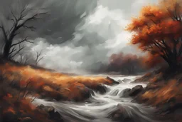 [Windy autumn day (stormy weather). The Power of Nature in Action]////////// digital painting hyperdetailed high contrast action low light Pale colors