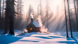 cabin in forest in winter light smoke from chimney