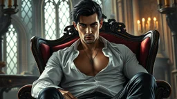 A stunning cinematic illustration inspired by modern high-end fantasy animation, with realistic proportions and highly detailed rendering. A handsome muscular dark-haired vampire man around 35 years old sits in an antique Victorian armchair inside a fade light Gothic castle chamber. His partially unbuttoned white shirt reveals part of his chest, paired with elegant black leather trousers. He stares directly toward the viewer dramatic, determined gaze and quiet intensity.