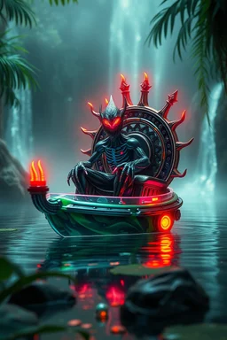 close up on neon charged action figure of a necrophyte electric eel necromancer on round swamp transparent glass obcidian boat with living motor beholder eye wheel throne in a charged foggy jungle starry waterfall, blur background to make character pop out