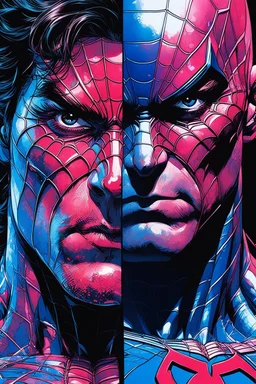 Poster in two gradations, split in half, one side "spiderman", other side "superman", midline of the face, painting by Yoji Shinkawa, dark blue and pink detailed iridescent, metallic, translucent, dramatic lighting, hyper futuristic, digital art,
