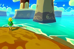 Legend Of Zelda: Wind Waker style view of a vast ocean, stylized, colorful, adventurous, no ships.