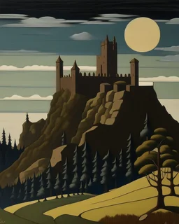 A dark brown mountain with a brick castle painted by John Brack