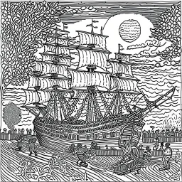 Create an exhilarating coloring page inspired by the Pirates of the Caribbean movie, featuring a majestic pirate ship sailing through rough seas. Challenge young artists to add their creative touch to billowing sails, the iconic Jolly Roger flag, and crashing waves. This black-and-white coloring adventure invites kids to embark on an exciting journey as they bring this thrilling pirate ship scene to life on paper.