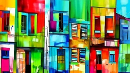 Colorful abstract urban landscape with various buildings, windows, and graffiti-like elements