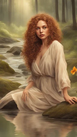 a very beautiful lady curly hair, walks in the forest with a narrow river with clean water and nice rocks on floor. The trees and wild flowers .