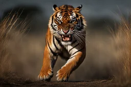 A captivating image of a attacking angry Siberian Tiger, poised on a vast field with a stark contrast between light and dark, conveys a powerful sense of tension. In this expertly captured photograph, the predatory animal stands tall, its muscular frame oozing strength and dominance. The sharpness of every detail accentuates the creature's primal aura, from its razor-sharp teeth and piercing eyes to its sleek, glossy fur. This mesmerizing image, with its impeccable composition