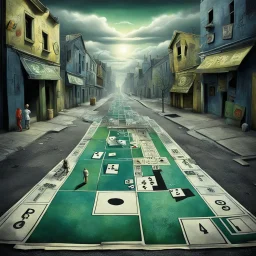 Pop surrealism, Image a Street that looks like a Monopoly Board, profound, dramatic, magic realism