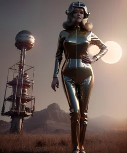 Ultra Realistic retro sci-fi image from 1960, many people looking to sweet young woman Jane Fonda, dress with tight latex coat and retro glass helmet, Retro sci-fi style, soft color, highly detailed, unreal engine 5, ray tracing, RTX, lumen lighting, ultra detail, volumetric lighting, 3d, finely drawn, high definition, high resolution.