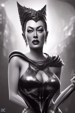 Joan Crawford as evil queen in black leather, busty, cleavage, dominatrix, curvy, angry, stern look. unreal 5, octane render, cinema4d, dynamic lighting, dramatic lighting, 4k, redshift render, highly detailed, hyper realistic,anthropomorphic black wolf long