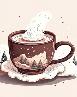 A steaming cup of hot cocoa on a snowy winter day, depicted in a cozy and whimsical illustration.