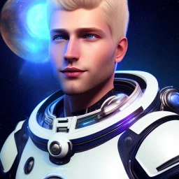 Beautiful cosmic man, blue eyes, blond hair, smiling, cosmic suit, full body, galactic backdrop, soft lighting, hyper realistic, unreal engine 5, 16k