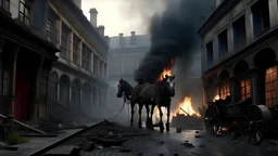 dusting of snow, Victorian London Street in ruins, flames and smoke billows from smashed windows, a horse is dead in the road, its legs sticking up in the air, partially skeleton, Apocalyptic, photo-realistic, widescreen, cinematic,