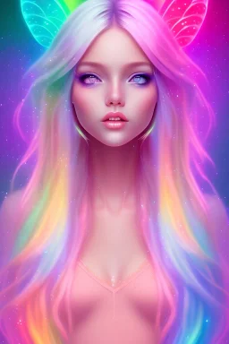 smiling girl, cute, beautiful, long hair, rainbows, fairy wings, light pastel colors, bright