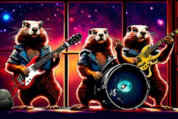 punk Groundhog rock band, playing the guitar, the drums and a saxophone. Window background, Orion Nebula. fun, artistic, hdr, crisp quality, award winning, 4k, warm colors, photo-realistic, digital painting
