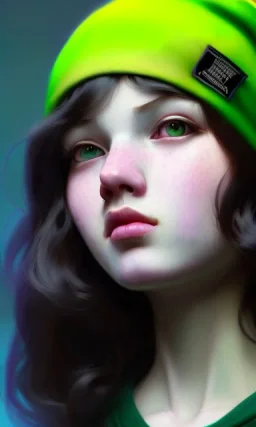 girl, cute, big boobs ,beautiful, long hair, wavy hair, green hair, blue eyes, green beanie, green coat, black tee shirt, green shorts, head and shoulders portrait, 8k resolution concept art portrait by Greg Rutkowski, Artgerm, WLOP, Alphonse Mucha dynamic lighting hyperdetailed intricately detailed