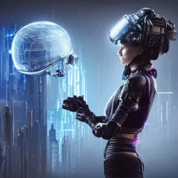 woman with cyberpunk futuristic helmet and goggles with cables connected to a large movie screen, 8k resolution, high-quality, fine-detail, intricate, digital art, detailed matte, volumetric lighting, baroque, illustration, octane render, brian froud, selina french, George Grie, Ben Goossens, Igor Morski