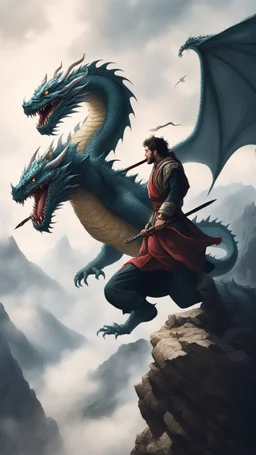 A man climbing a mountain and big dragon attacking him while he is hanging by a robe in one hand and fighting it with a sword on the other hand