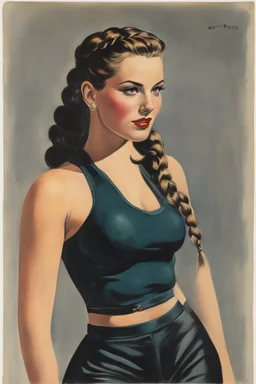 a Celtic girl with braids in a dark tight sport outfit, she does gym, panting [Original cover pages by Jack Sparling from various issues of Monty Hall of the U.S. Marines, published by Toby Press, 1951-53.]