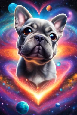 large eyed happy puppy grey frenchton in the distance a colorful intricate HEART shaped planet similar to earth majestic cinematic holographic painting of a high magnitude of a many abstract big dots wrapped in smoke lines of a wanting to become an emitter fractal, cinematic eye view