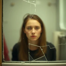 A blurred woman behind a broken bathroom glass