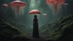 woman in an alien forest with an umbrella made from a jellyfish, photorealistic, Detailed Matte Painting, Deep Colour, Fantastical, Intricate Detail,