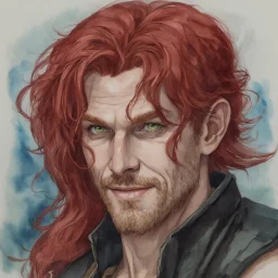 dnd, fantasy, watercolour, large strokes, stylistic, portrait, illustration, dull colours, male, face, narrow long face, weathered face, green eyes, determined, smiling, red hair, very long hair streaming down the shoulders, lush hair, radiating light, five o'clock shadow, elegant, short small mouth, wide smile