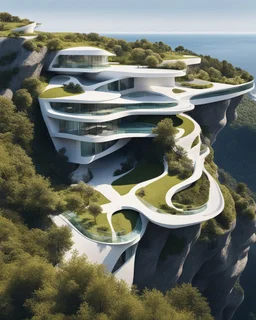 Casa campestre en un acantilado con un precipicio alto junto al mar, arquitectura Neofuturista estilo Zaha Hadid, árboles, gente, cielo clima de verano,vista aérea