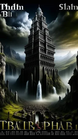 Fantasy city with 2 tall square black towers on the edge of a dam with a waterfall falling into a chasm below it in the mountains