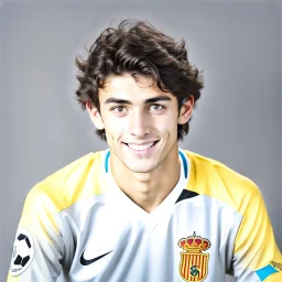 85mm DSLR color photography of a very detailed headshot fitting all of head and hair in frame. 19-year-old Spanish soccer player, and with no facial hair and has no facial hair, has short and black hair with a small smile, grey background his from catalan