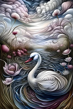 multi-layered and multidimensional structure, grasses, strange sky,amorphous swan, water lilies, unusual flowers,intricate, beautiful landscape,eggplant color,fractally, surrealism,careful drawing of details,clear contour,photorealism, botanical style,pink, white,pale blue, biryusa,mother-of-pearl luster,curls, curls, a lot smoke, beautiful,realistic, bright lighting, high resolution, high detail,bright colors, high quality, aesthetically pleasing, professional photo, 64k - - w 518