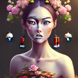 portrait of a Chinese woman, cute, fantasy, with flowers in her hair, big eyes