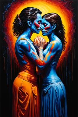 Pain Bodies feeding off of each other; Symbolism; Surrealism; electric palette