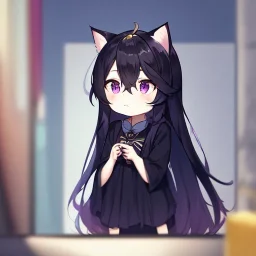 Clear focus, High resolution,a anime kid, rough line skecth, cute, cartoony style, 1girl, black long hair,hair between eyes, cat ears, purple eye, 1 purple streak in haie, half chibi, only head no body