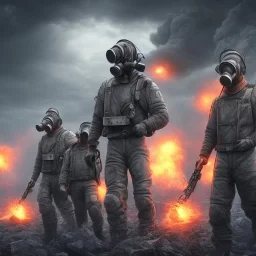 3 hommes en costume gris, masque à gaz, 4k, réaliste, paysage dévasté explosion nucléaire en fond, couleurs vives