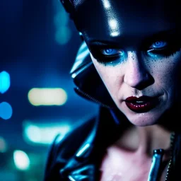 portrait, beautiful punk busty female Cyborg, intense stare, sad blue eyes, post-apocalyptic in a cyberpunk city,minimal skintight leather jacket, bladerunner, realistic, intriacte detail, sci-fi fantasy style, volumetric lighting, particles, highly detailed ,cinamatic , deep colours,8k, in the style of Kaare Andrews