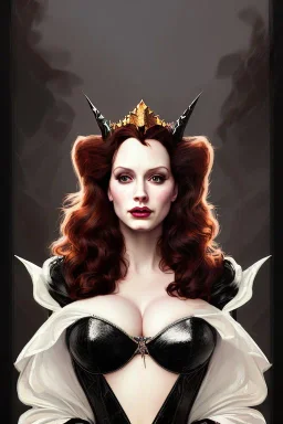 painting of christina hendricks as evil queen in black leather, feminie, angry, volouptous, busty, cleavage, emperious, mature, highly detailed, digital painting, artstation, concept art, smooth, sharp focus, illustration, art by gaston bussiere and alphonse mucha