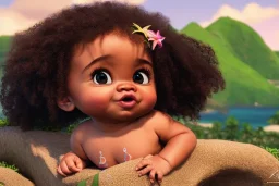 a beatiful little baby girl, 9 months, moana style, curly hair, mixed race, realistic, intriacte detail,volumetric lighting, particales, highly detailed, cinematic, magnificent, majestic, Realistic photography, incredibly detailed, ultra high resolution, 8k, complex 3d render, cinema 4d