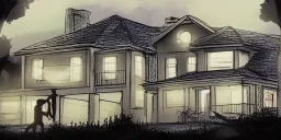  An epic photo of a swole black man lifting dumbells in front of his house at twilight, concept art