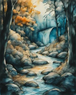 Perchance : Surreal, expressive nature sketch in a relaxed watercolor and ink style. Fast, shaky black ink contour lines with frequent breaks, intersections, and varying thickness. Watercolor washes of ochre, terracotta and powder blue are loosely applied, often deliberately misaligned with ink borders to create a sense of movement. Visible cold pressed paper texture and ample white space. Subject: forest detail, trees, undergrowth, stream with rocks, waterfall. Deep, atmospheric shadows in the