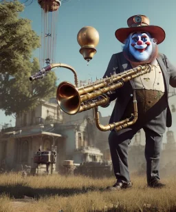 mechanoid old friendly fat clown with trimmed beard playing jazz with a steampunk theme, trumpet, realistic