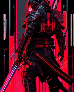 dibujo de contorno de un Samurái negro y rojo con traje cyberpunk full body