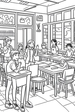 outline art for real A cheerful classroom scene with students and a teacher Coloring page, manga style, cartoon style, cute face, white background sketch style, full body is a must, only use outline, clean line art, no shadow, bold outlineMasterpiece, Ominous, Golden Ratio, Highly Detailed, photo, poster, fashion, illustration