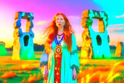 Full body shot of a tall slim red-headed young woman, dressed like a gipsy, standing in front of Stonehenge in a flaming circle