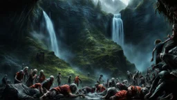 a pile of rotting zombies at the foot of a 3.000 feet high waterfall. fantasy setting, horror. exquisite realism, a masterpiece, fantasy concept art, dynamic lighting, hyperdetailed, intricately detailed, deep color, Unreal Engine, volumetric lighting, Epic cinematic brilliant stunning intricate meticulously detailed dramatic atmospheric maximalist digital matte painting