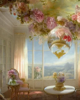 Glass globe with a large botanical victorian room with many pastel flowers, garlands on ceiling and walls, gauzy curtains, rococo, renaissance, 8k resolution, ultra fine detail, high-quality, dreamlike, fantasy, matte painting, dynamic lighting, atmospheric, baroque, john wainwright, harold clayton, flora yukhnovich