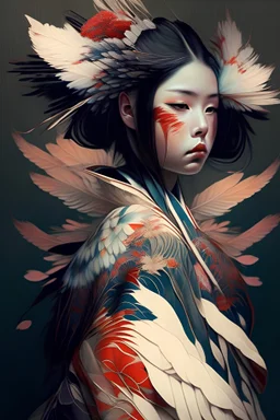 красивая девушка в кимоно в виде перьев