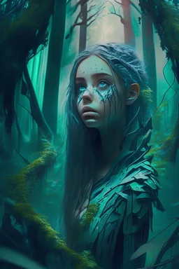 lost but found, futuristic forest, young beautiful girl that was lost but found