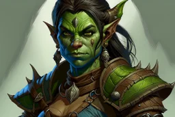 generate a dungeons and dragons character portrait of a female orc. She has green skin, black braided hair and blue eyes. She is wearing brown leather armour.